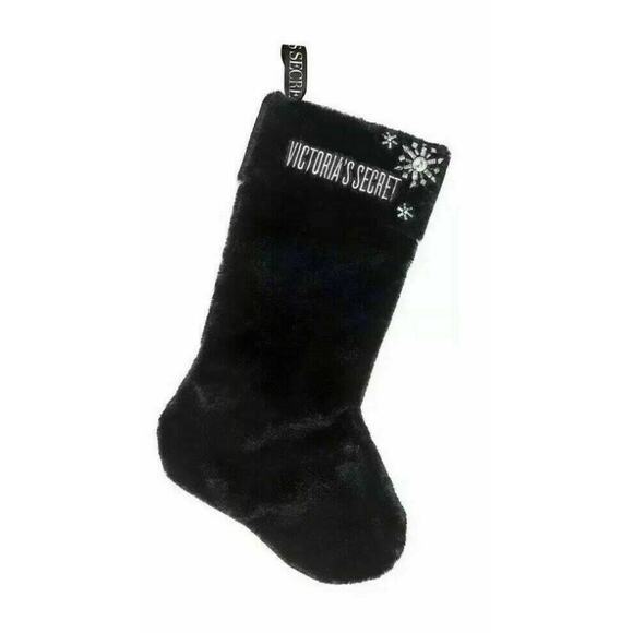 Victoria's Secret Christmas Stocking Luxe Faux Fur Snowflake Black Rhinestone - Picture 1 of 2